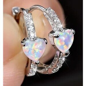 Opal Tone‎ Heart Hoop Earrings With Cubic Zirconia Accents